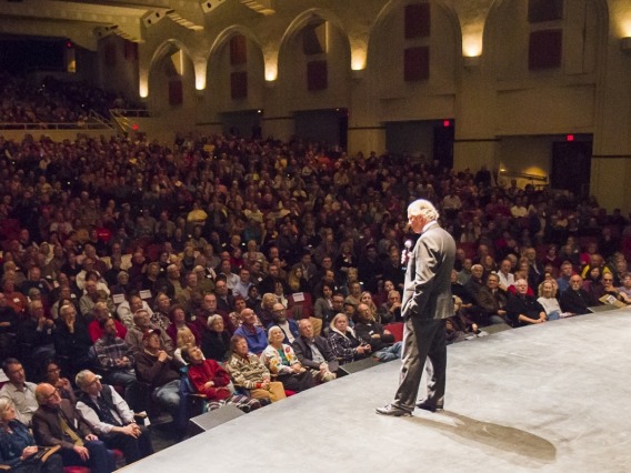 UA President Robert C. Robbins addresses the Centennial Hall audience before the start of Monday night&#039;s science lecture. 