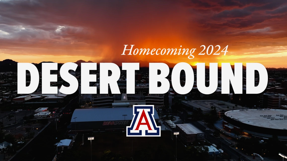 Aerial image of U of A campus at sunset. Homecoming 2024 Desert Bound and block A centered in photo. 